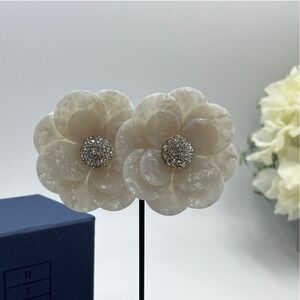 Lele Sadoughi Zinnia White Iridescent Mother of Pearl Large Petal Floral Earring